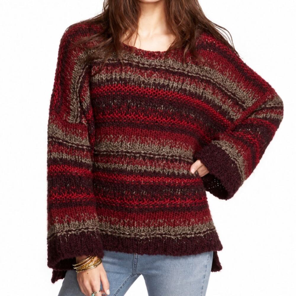 Free People Chunky Knit Striped Sweater XS Oversized Wool Mohair Alpaca Boho